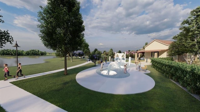 surrounding community with a water view and a lawn