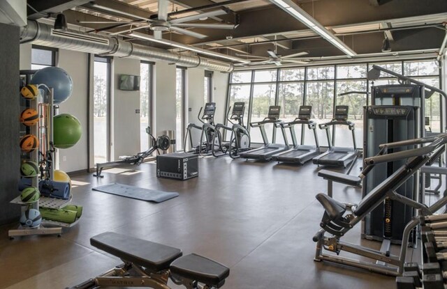 workout area with a wall of windows and plenty of natural light