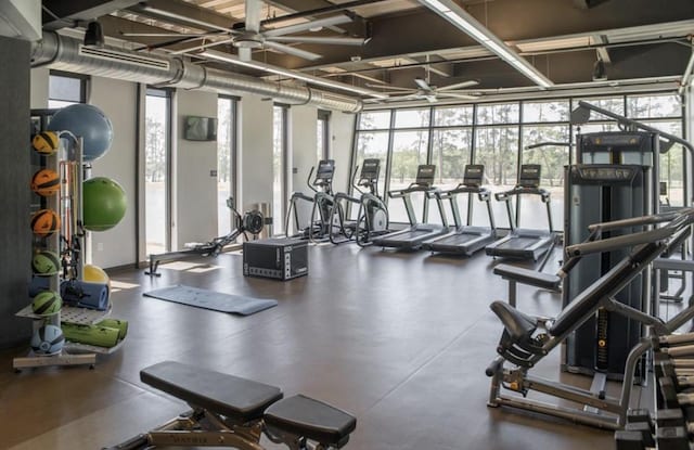 gym with floor to ceiling windows and a wealth of natural light