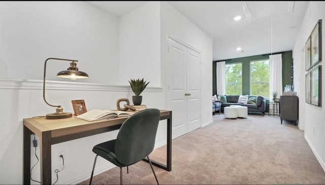 office space featuring attic access, carpet flooring, and recessed lighting