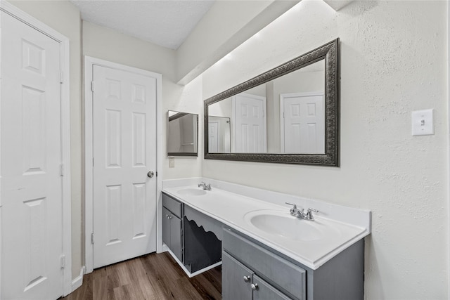 bathroom featuring vanity, wood-type flooring, and a textured ceiling