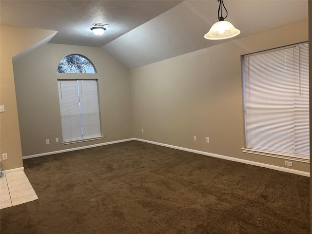 carpeted spare room with lofted ceiling and a textured ceiling