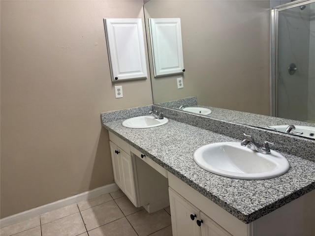 bathroom with vanity, tile patterned floors, and walk in shower