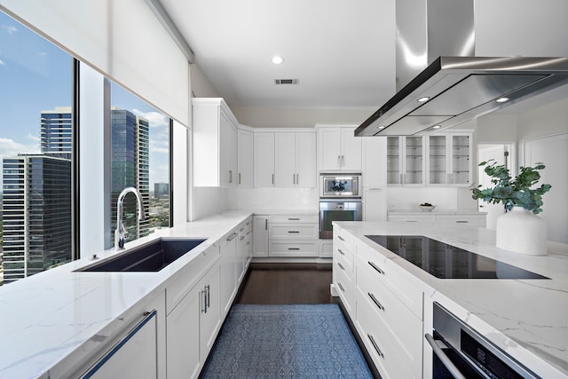 kitchen featuring appliances with stainless steel finishes, island range hood, light stone countertops, and sink