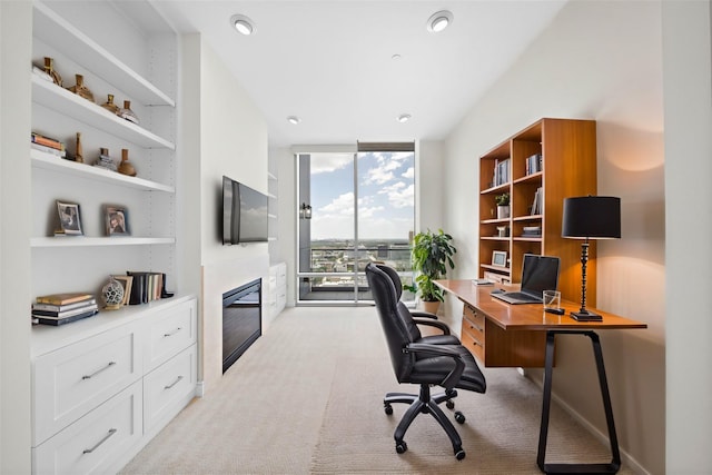 carpeted home office with built in features and expansive windows