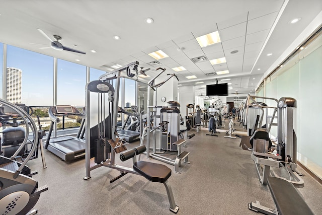 gym featuring ceiling fan, a wall of windows, and a drop ceiling