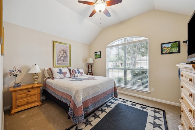 bedroom featuring lofted ceiling, light carpet, and ceiling fan