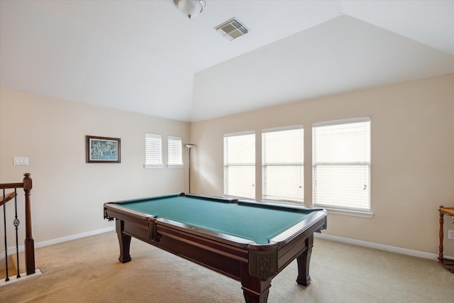 rec room featuring light carpet, pool table, and vaulted ceiling