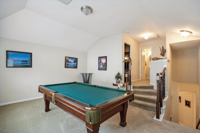 rec room with pool table, carpet flooring, and vaulted ceiling