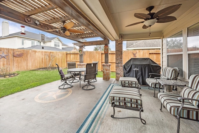 view of patio / terrace featuring ceiling fan, grilling area, an outdoor hangout area, and a pergola