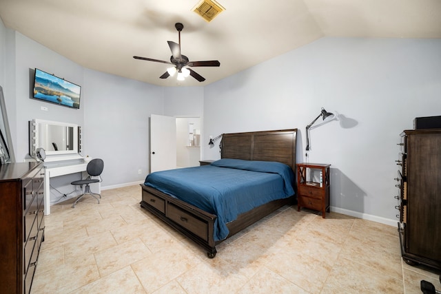 bedroom featuring lofted ceiling and ceiling fan