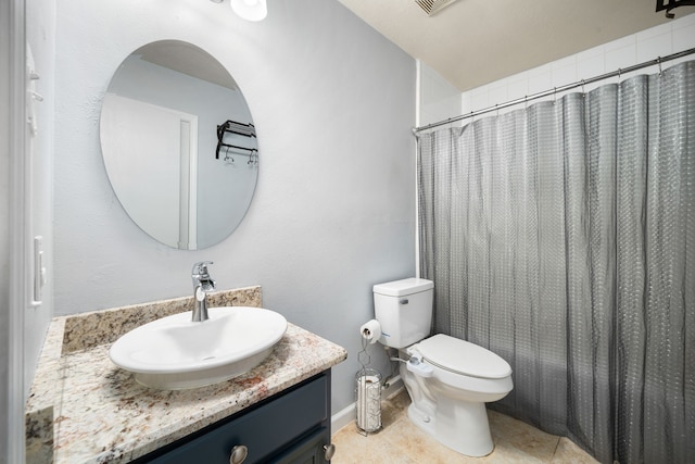 bathroom with walk in shower, vanity, toilet, and tile patterned flooring