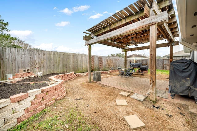 view of patio featuring ceiling fan and area for grilling