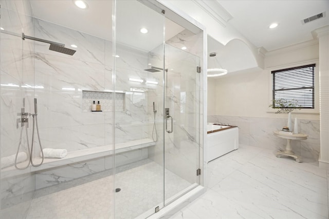 bathroom with visible vents, marble finish floor, recessed lighting, a marble finish shower, and crown molding