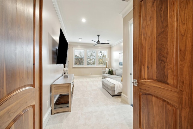 bedroom with recessed lighting, light colored carpet, crown molding, and baseboards