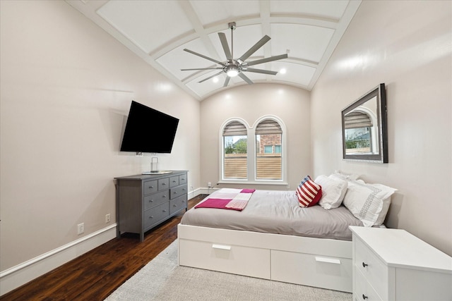 bedroom with dark wood finished floors, ceiling fan, baseboards, and vaulted ceiling