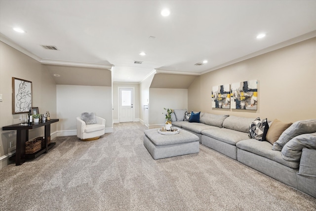 carpeted living room featuring crown molding, recessed lighting, and visible vents