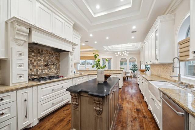 kitchen featuring a tray ceiling, a peninsula, a sink, stainless steel appliances, and white cabinets