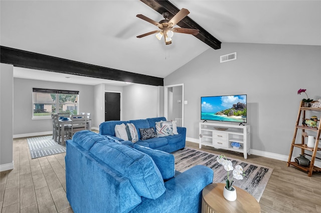 living room with lofted ceiling with beams, light hardwood / wood-style floors, and ceiling fan