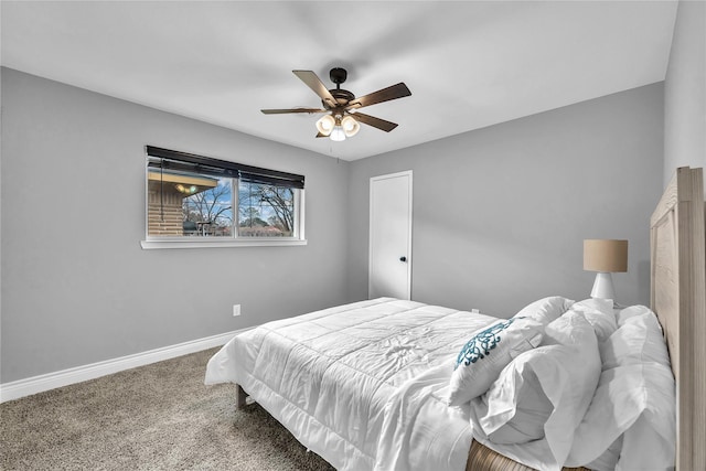 bedroom with ceiling fan and carpet flooring