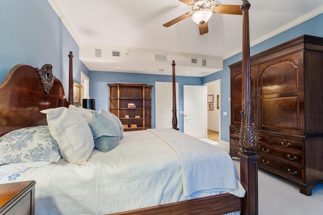 bedroom with light carpet, crown molding, and ceiling fan