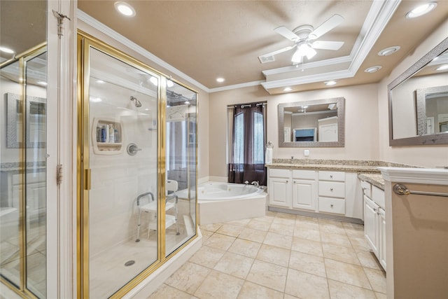 bathroom with ceiling fan, ornamental molding, vanity, and plus walk in shower