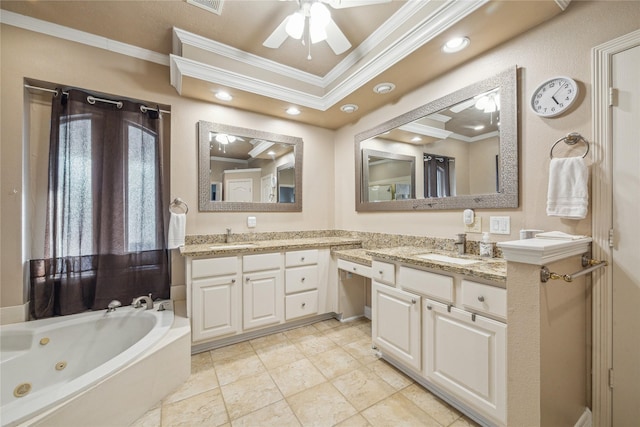 bathroom featuring ornamental molding, a bathing tub, vanity, and ceiling fan