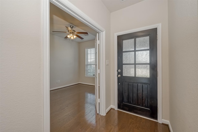 foyer entrance featuring ceiling fan and dark hardwood / wood-style flooring