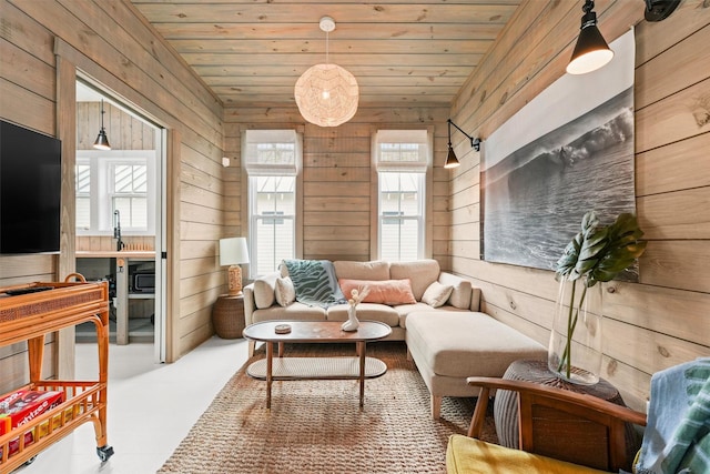 living area featuring wood ceiling, a wealth of natural light, and wooden walls