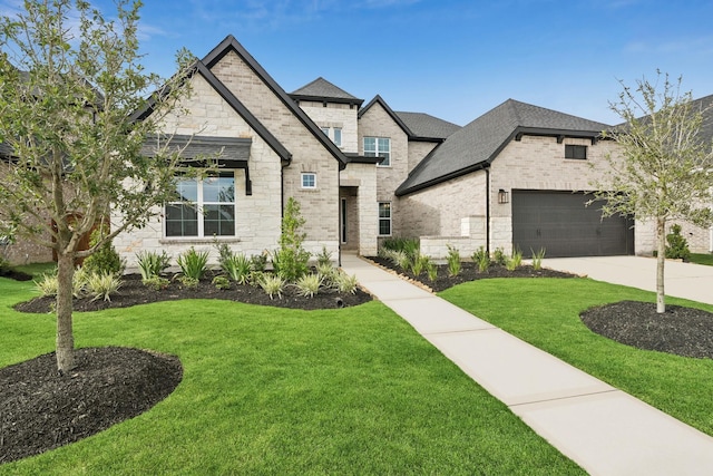 20406 Magnolia Flint Dr, Cypress, TX 77433 - french country style house with stone siding, a front lawn, a shingled roof, concrete driveway, and a garage