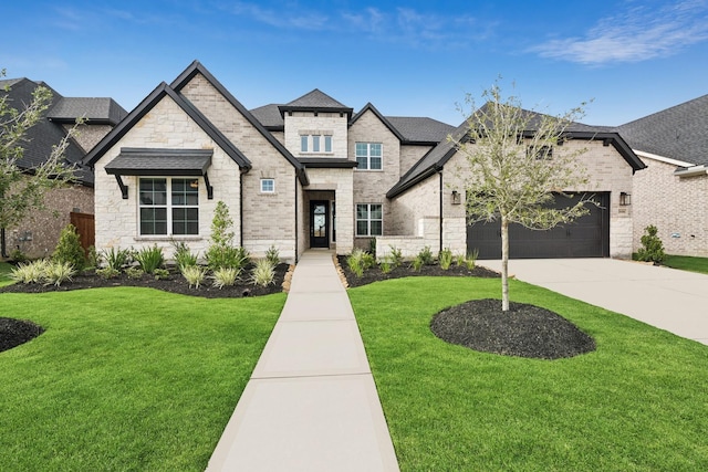 20406 Magnolia Flint Dr, Cypress, TX 77433 - french provincial home with stone siding, a front yard, driveway, an attached garage, and roof with shingles
