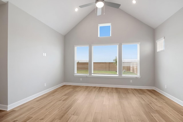 20406 Magnolia Flint Dr, Cypress, TX 77433 - unfurnished room featuring a ceiling fan, healthy amount of natural light, light wood-type flooring, high vaulted ceiling, and recessed lighting