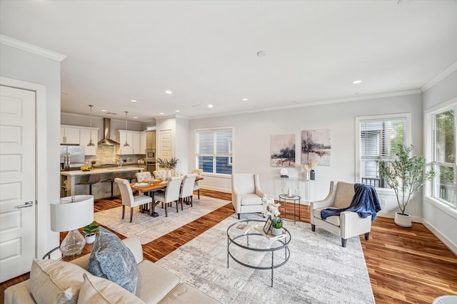 living room featuring ornamental molding and light hardwood / wood-style floors