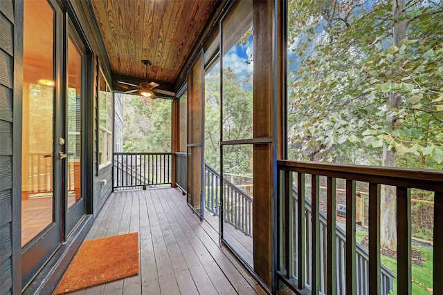 unfurnished sunroom with wood ceiling