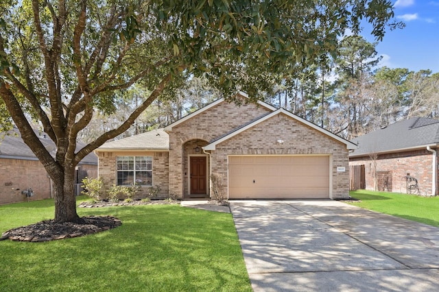 single story home featuring a garage and a front yard