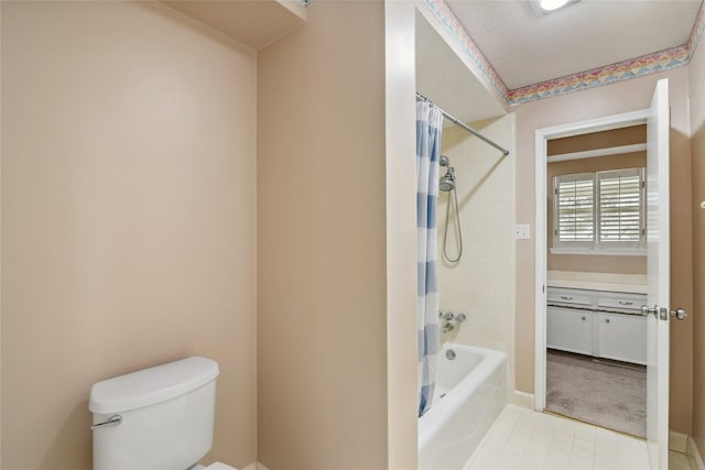 bathroom with toilet and shower / bathtub combination with curtain