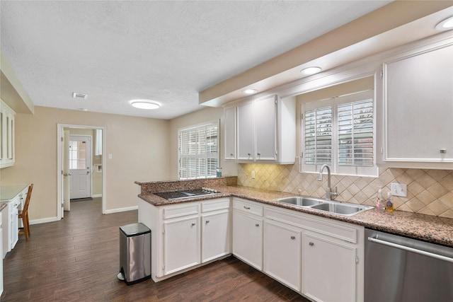 kitchen featuring sink, black electric cooktop, dishwasher, kitchen peninsula, and white cabinets