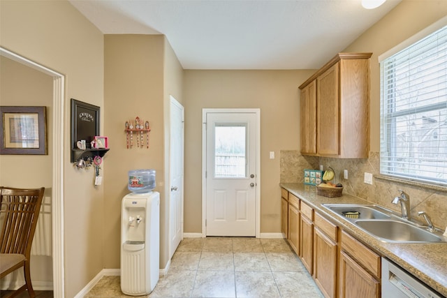 kitchen featuring plenty of natural light, sink, white dishwasher, and decorative backsplash