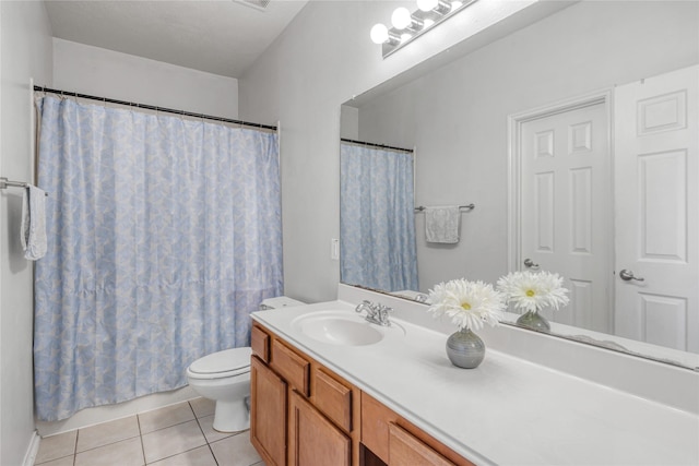 bathroom featuring a shower with curtain, tile patterned floors, toilet, and vanity