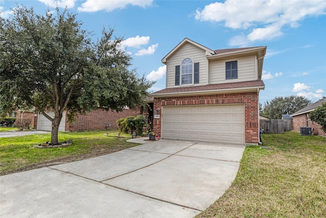 front of property with a garage, a front yard, and central air condition unit