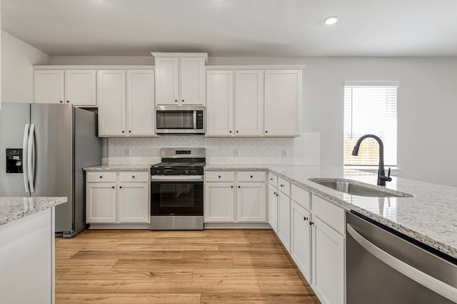 kitchen with sink, stainless steel appliances, light hardwood / wood-style floors, decorative backsplash, and white cabinets