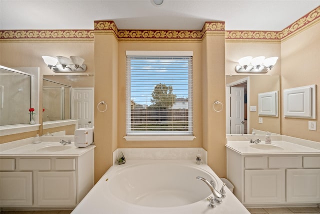 bathroom with vanity and plus walk in shower