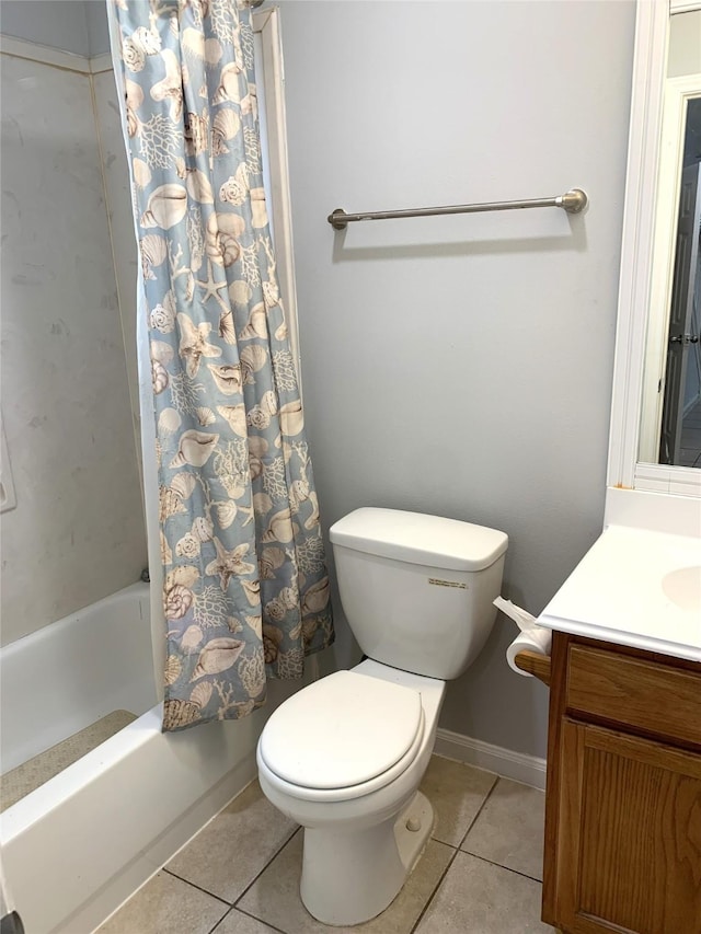 full bathroom with vanity, toilet, tile patterned flooring, and shower / bath combo with shower curtain