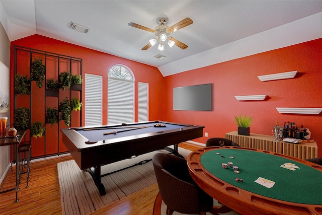 playroom with ceiling fan, billiards, lofted ceiling, and light wood-type flooring