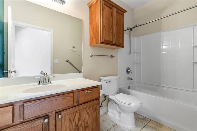 full bathroom with shower / tub combination, vanity, tile patterned floors, and toilet