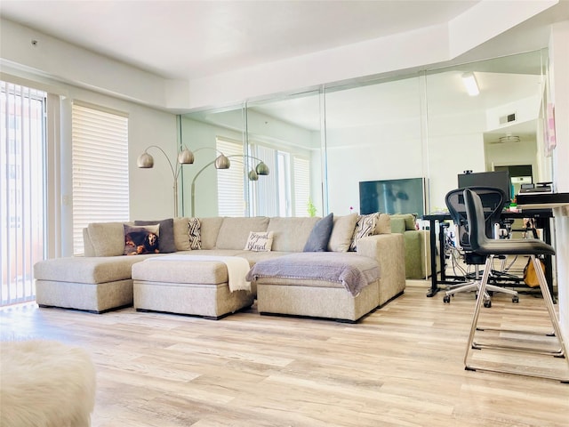 living room with light hardwood / wood-style flooring