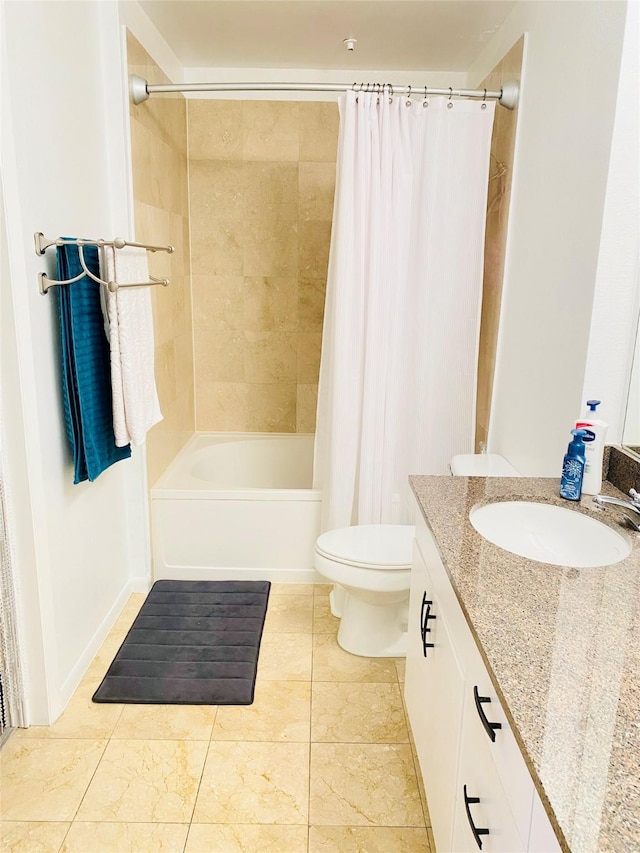 full bathroom with vanity, shower / bath combo, tile patterned floors, and toilet