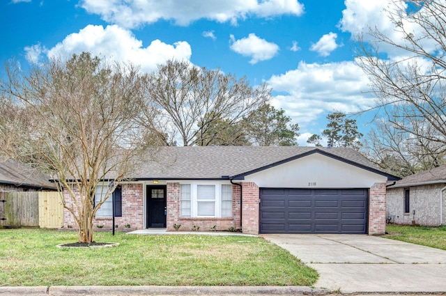 ranch-style house with brick siding, a shingled roof, a garage, driveway, and a front lawn