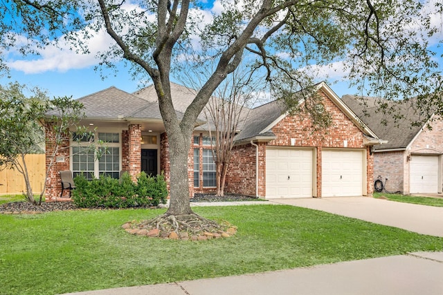 single story home with a garage and a front yard