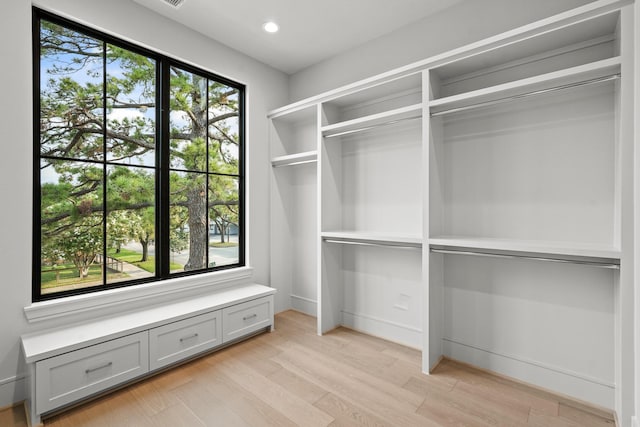 spacious closet featuring light hardwood / wood-style floors